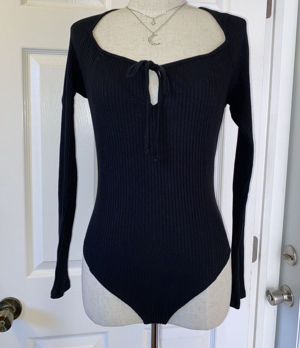 Aerie Black Ribbed Long Sleeve Tie-Front Bodysuit with cutout, Women’s Size Med